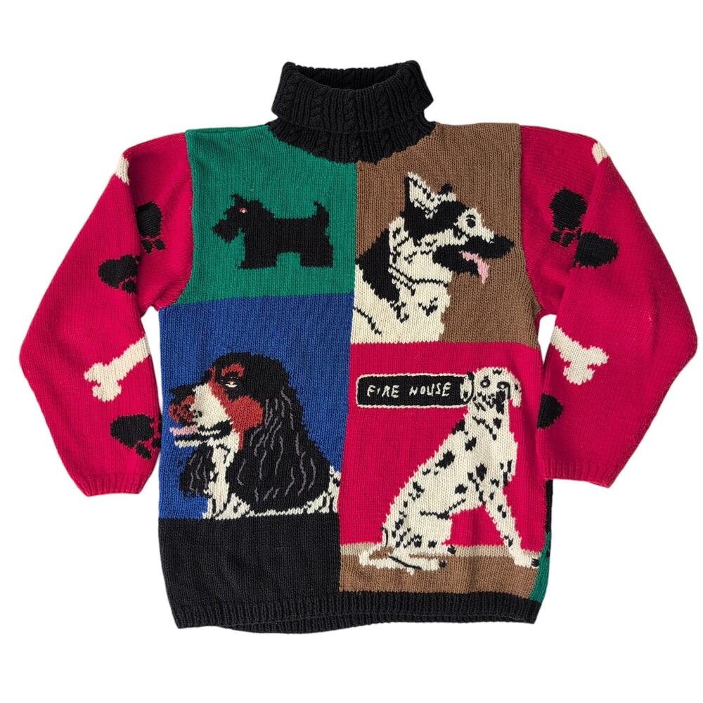 Vintage Womens Dog Sweater Medium Color Block Turtleneck Dalmation Shepherd‎
